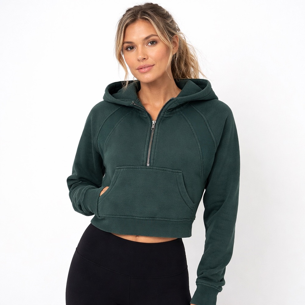 Lululemon Scuba Crop Half Zip Hoodie Forest Green Size 6/S Thumbholes Athleisure